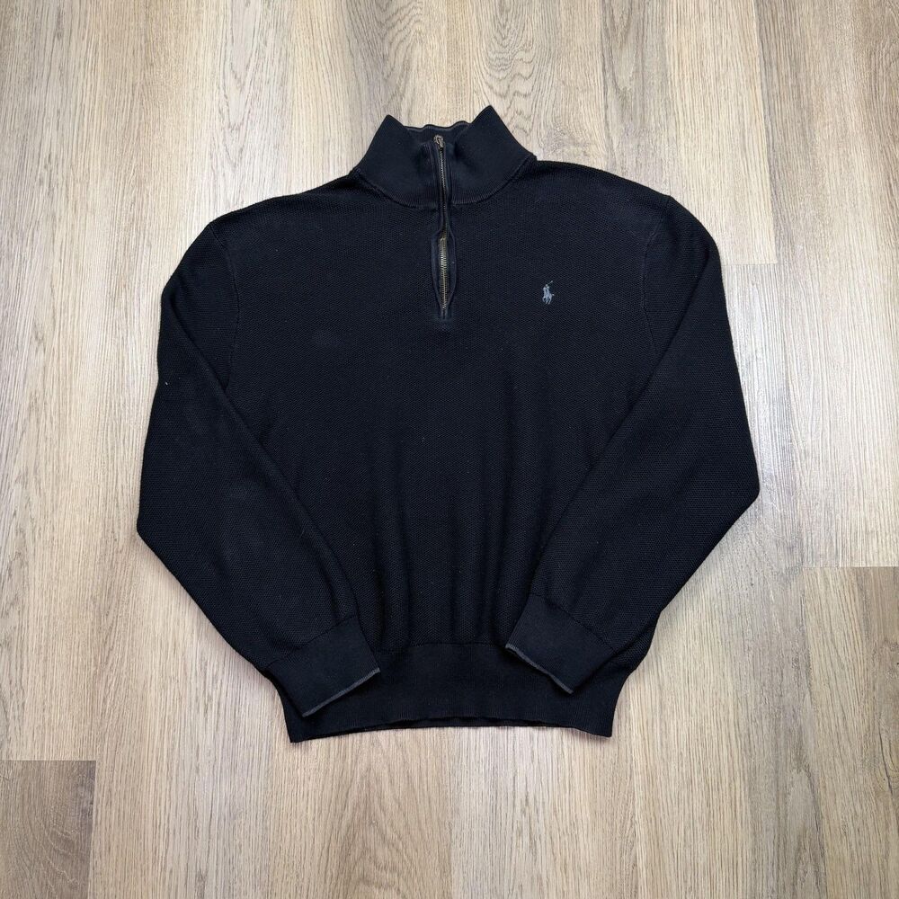 Polo Ralph Lauren Sweater Mens XL Black Pima Cotton 1/4 Zip Mock Neck Pullover